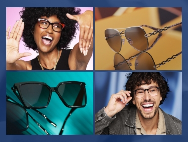 smiling man and woman in colorful glasses
